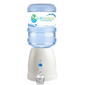 Table top manual water dispenser with blue bottle, no electricity needed.