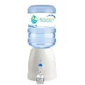 Table top water dispenser with a blue and white design. It has a hot and cold water spigot and a water reservoir.