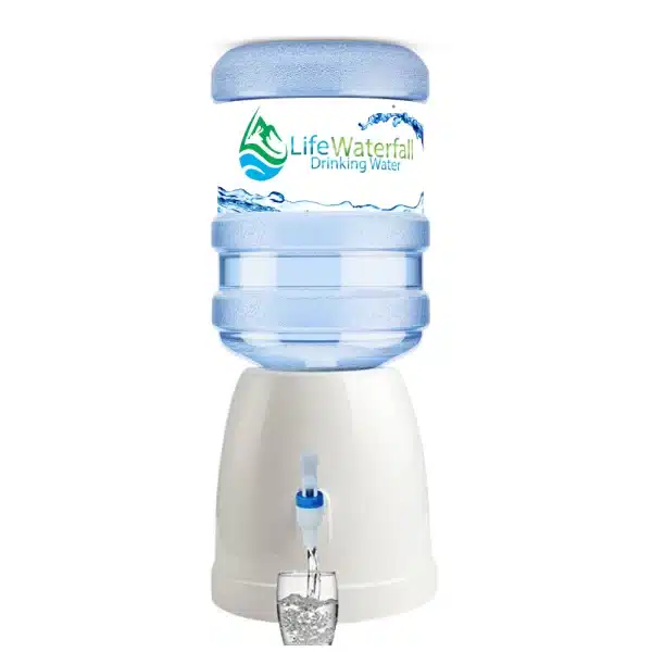 Table top water dispenser with a blue and white design. It has a hot and cold water spigot and a water reservoir.