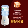 Smiley table top water dispenser promotion showing 70% off and RM49 price.