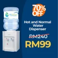 Hot and normal water dispenser promotion showing RM240 crossed out and new price RM99, with a blue background and a 70% off label.