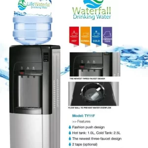 Water dispenser with hot, normal, and cold water Countertop water dispenser Black water dispenser Three-faucet water dispenser Hot water faucet Normal water faucet Cold water faucet Compressor cooling