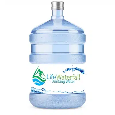 19 liter RO water bottle with a blue and white label. It is made of plastic and has a spout for dispensing water.
