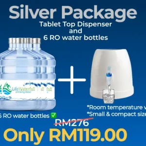A silver package with a smiley face on the front. The package contains 6 RO water bottles and a smiley dispenser. The RO water bottles are clear and have a blue cap. The smiley dispenser is white and has a smiley face on the front.