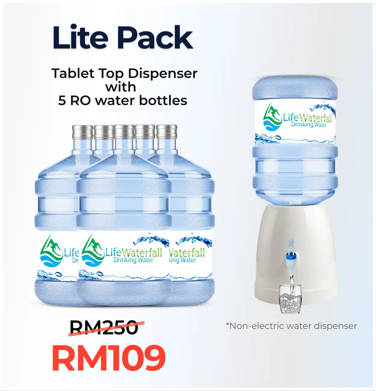 Lite Pack Water Dispenser – Cyberjaya, Putrajaya & KL Promo (RM109) Lite Pack water dispenser promotion with 5×18L bottles – available in Cyberjaya, Putrajaya, and Kuala Lumpur.